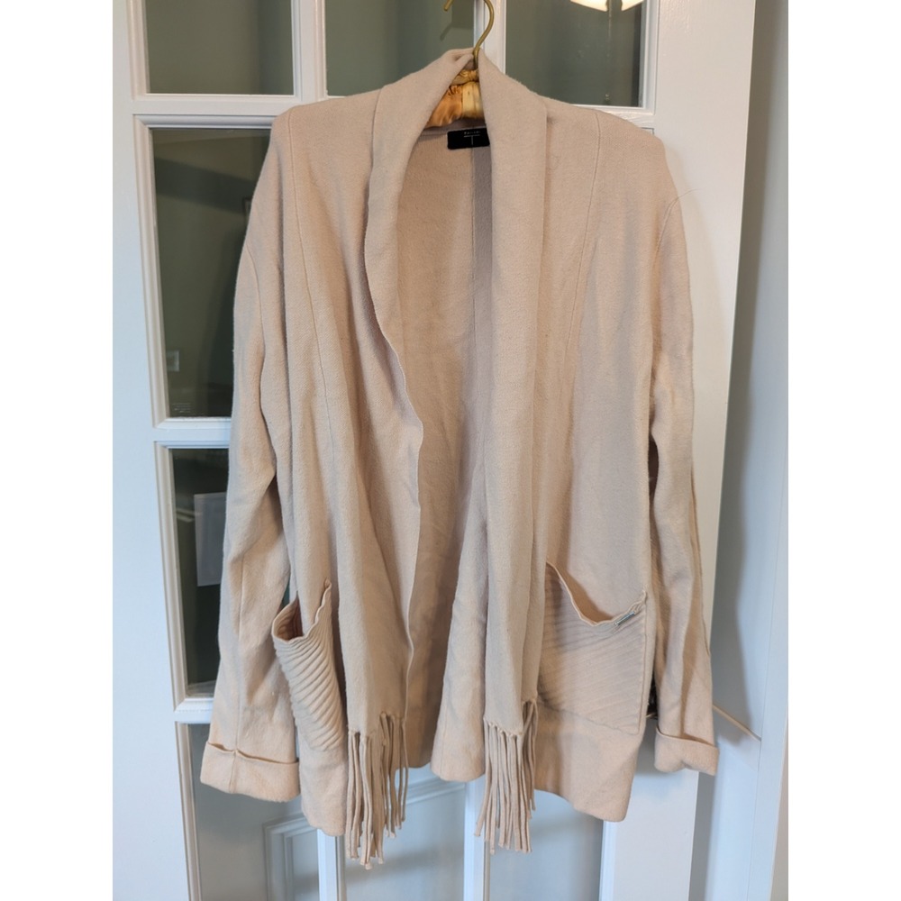 Tahari Womens XL Beige Open Front Fringe Hem Cardigan Sweater Soft Knit Pockets